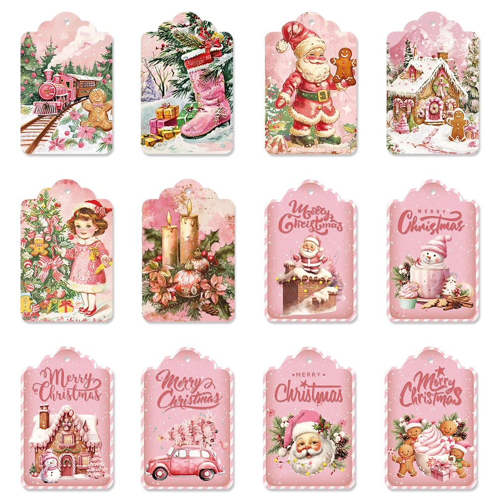 60pcs Pink Vintage Christmas Gift Tags Retro Santa Claus car Paper Labels Hang Tag for xmas new year Gift Wrapping home decor