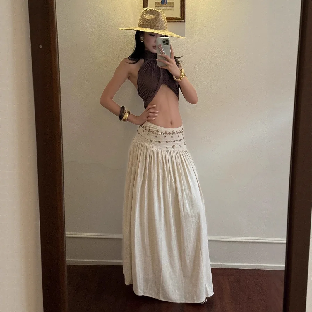 Gonne da donna Set da due pezzi 2025 Gonna retrò per le vacanze Beige a vita bassa Gonna lunga a linea A Set canotta da donna leggera