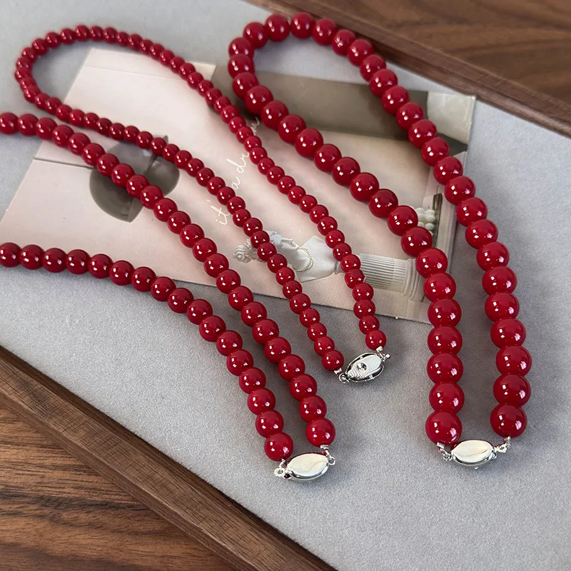 قلادة من خرز الزجاج المستدير باللون الأحمر من Ankela مع إبزيم سبيكة ذهبي على الطراز القديم وسلسلة عظمة وإكسسوارات بسيطة ومتعددة الاستخدامات #2