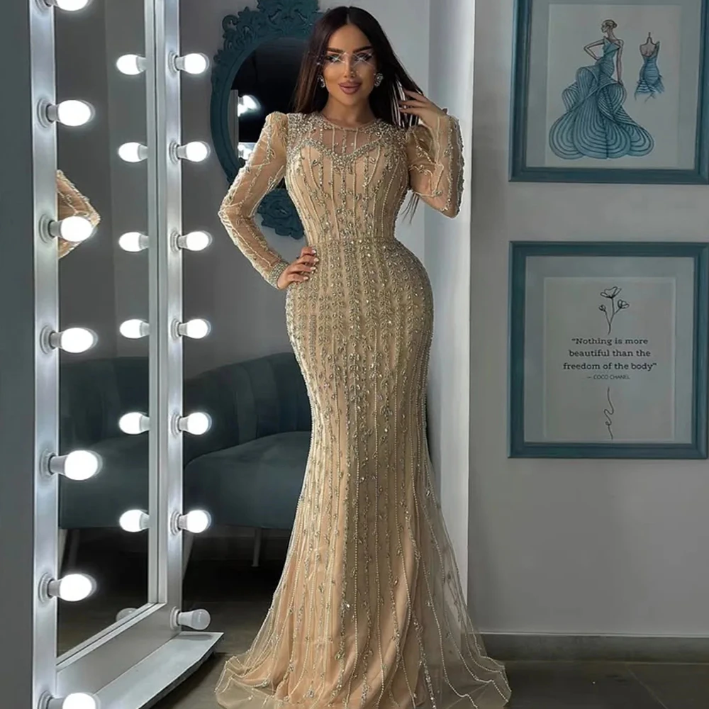 Aangepaste Arabische avondjurk elegante ronde hals lange mouwen lovertjes sweep trein zeemeermin feestjurk galajurken