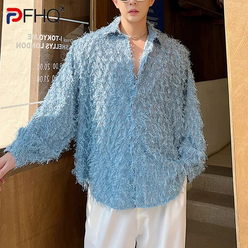 PFHQ Men's Korean Style Long Sleeved Shirts Handmade Three-dimensional Feather Creativity Solid Color Mesh Tops Summer 21Z4224