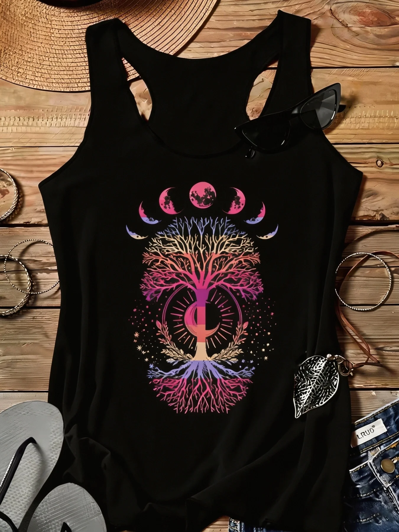 Women's Moon Tree Print round Neck Sleeveless Vest Top Casual Elegant Comfortable Summer Fashion Top