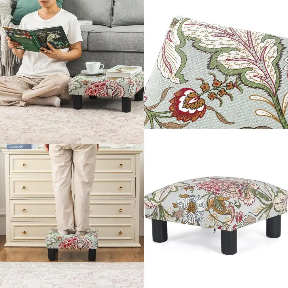 15 Fabric Square Ottoman, Upholstered Footrest or Chair, Suitable for Under Desk, Office, Living Room, Boho Floral Style