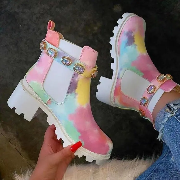 New Women Ankle Boots Crystal Rhinestone Slip On Platform PU Leather Women\'s Booties Spring Autumn Females Footwear2021