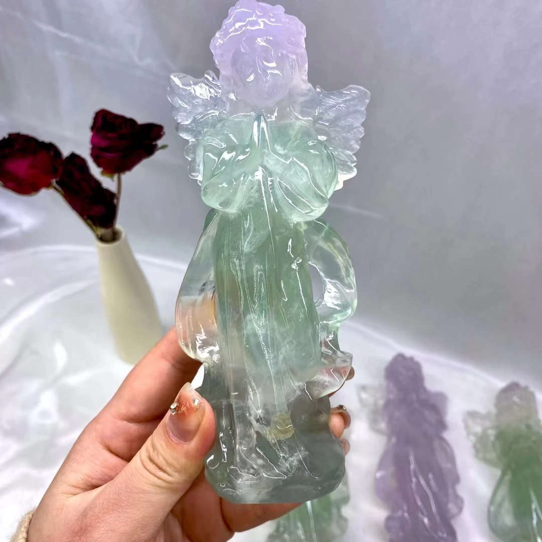 Natural Macaron Fluorite Angel Crystal Hand Carved Polished Figurine Healing Energy Stone Feng Shui Aesthetic Room Decor Gifts