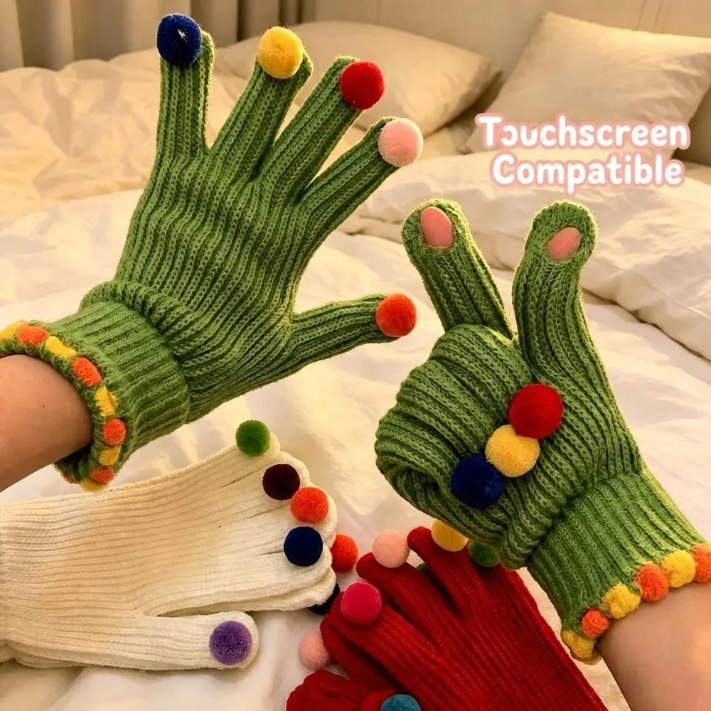 Warm Candy Pom Pom Knit Gloves Candy Color Hand Warmers Winter Cold Proof Knitted Gloves Knitted Thermal
