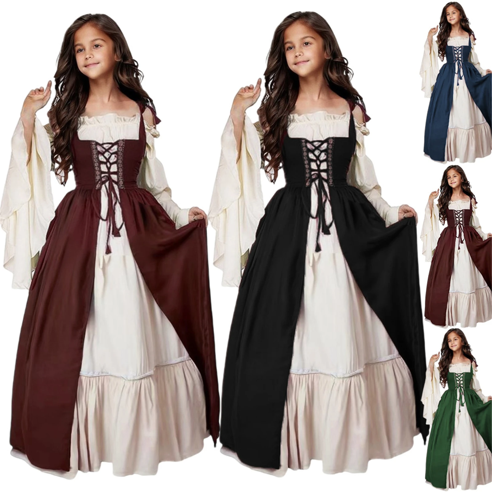 Girls Gothic Square Neck Bundle Waist Medieval Renaissance Vintage Dresses Womenswear Long Dresses ملابس أوروبية