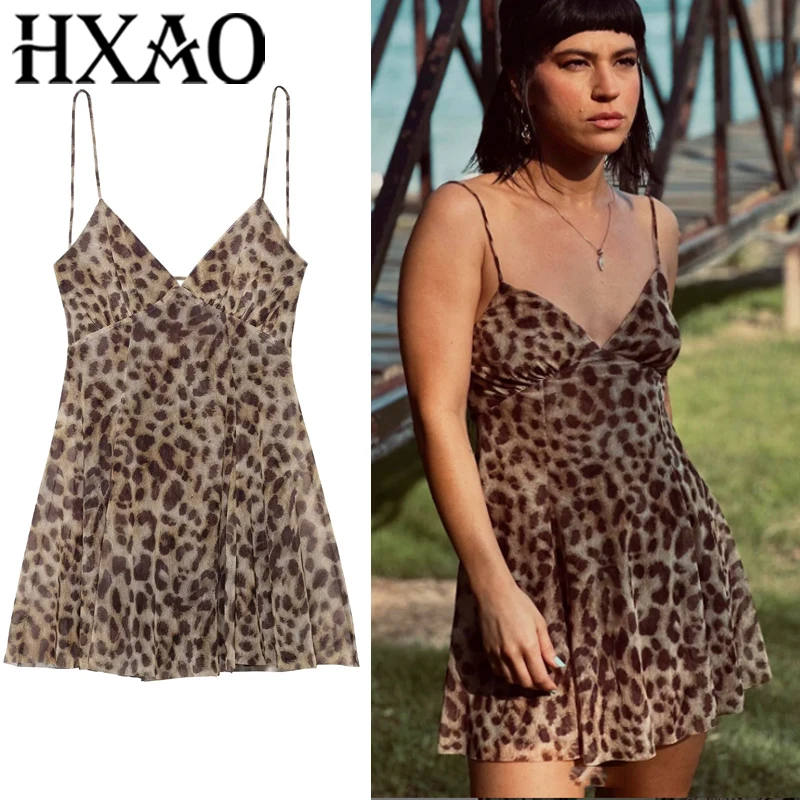 HXAO Mesh Women's Dress Slip Leopard Print Woman Summer Dress Vintage Sleeveless Short Dresses Lace Up Backless Sexy Dress