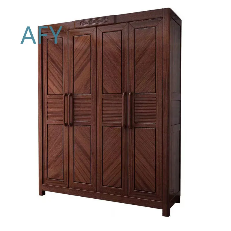 Solid Wood Four-Door Flat Open Wardrobe for Zen Home Master Bedroom Storage Ebony Finish Modern Minimalist Furniture for