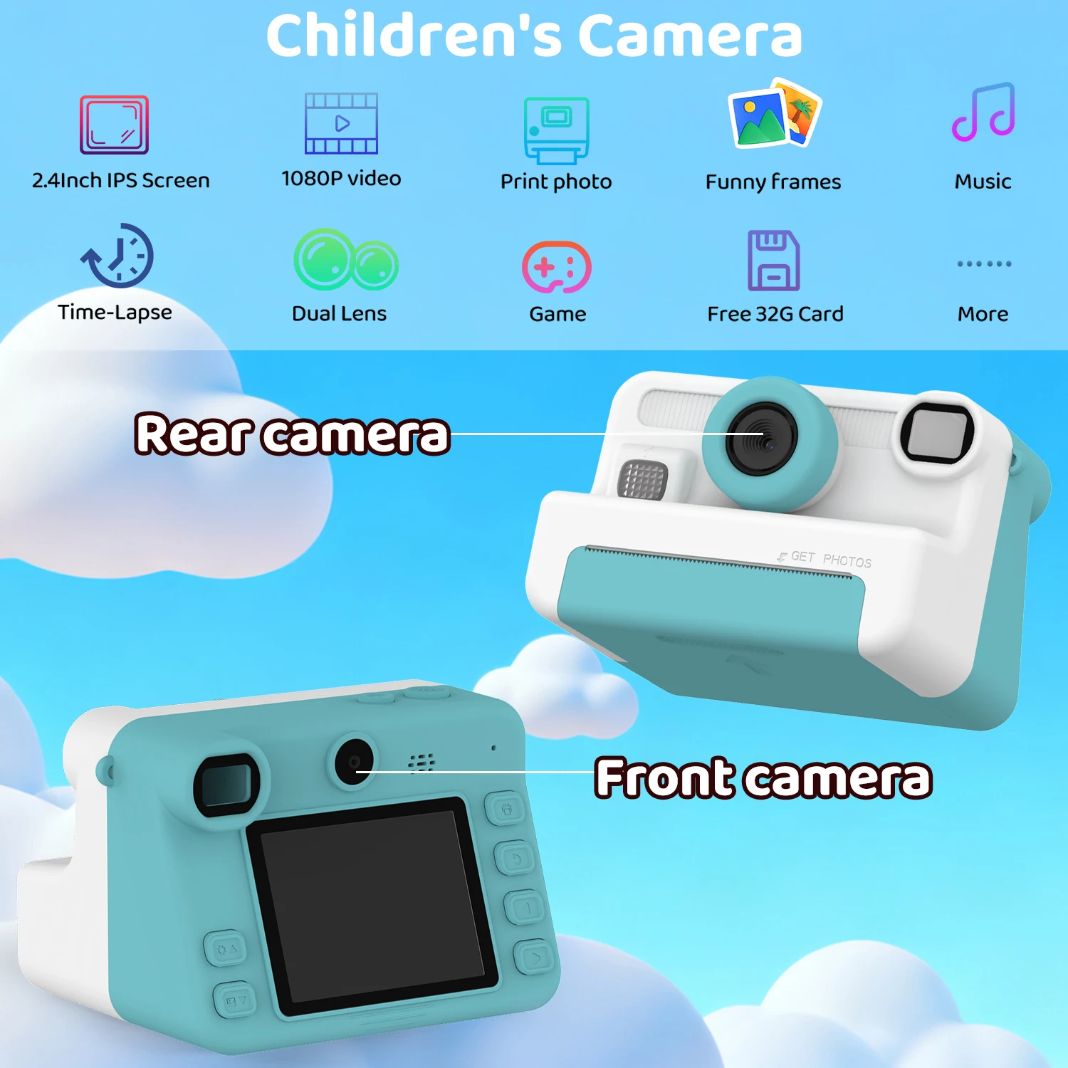 كاميرا رقمية للأطفال مع عدسة مزدوجة للصور طباعة فورية 1080P HD تسجيل فيديو 32G طابعة حرارية صغيرة هدايا عيد ميلاد للأولاد والبنات #4