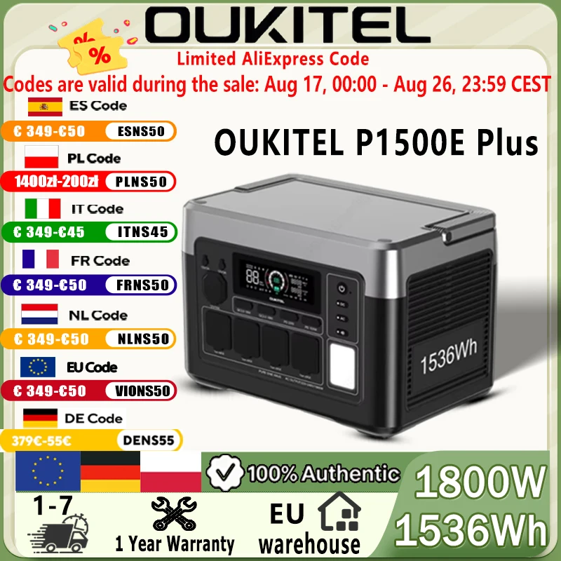 OUKITEL P1500E PLUS 1800W Przenośna Stacja Zasilania, Bateria LiFePO4 o pojemności 1536Wh, Generator Solarny, Zasilanie Awaryjne do Domu, Kempingu na świeżym powietrzu, podróży kamperem i sytuacji