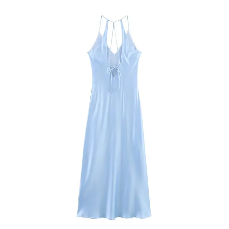 فستان ميدي نسائي جديد لصيف 2025، مصنوع من حرير الساتان، بدون حمالات، بتصميم أنيق للتنقل اليومي، بدون أكمام، مصنوع من مواد أخر...