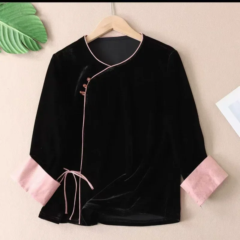 

Solid Color Splicing Fashionable Long-sleeved Bottoming Shirt Short Round Neck Slanted Placket Slimming
