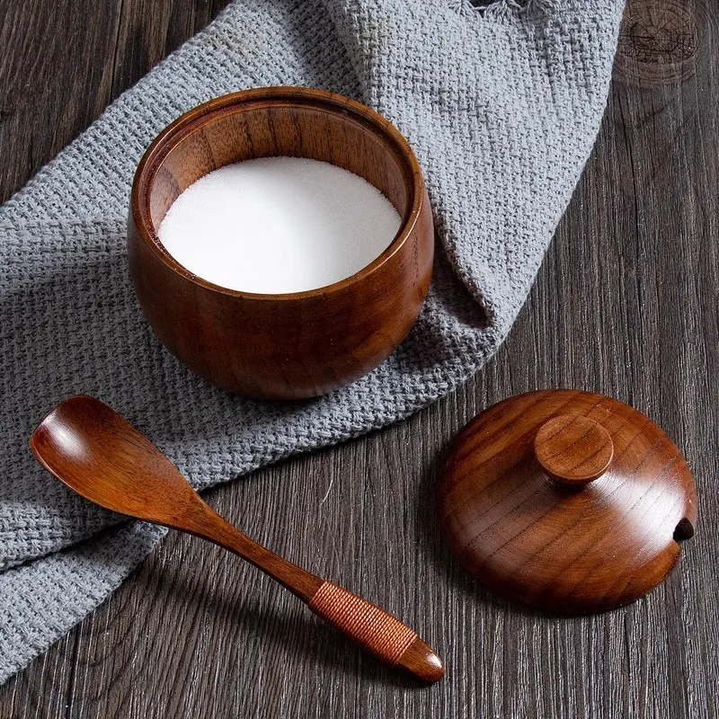 Japanese Style Retro Solid Wood Seasoning Jar Creative Home Decoration Kitchenware Salt Shaker Wooden Spice Box Spoon Tray Set