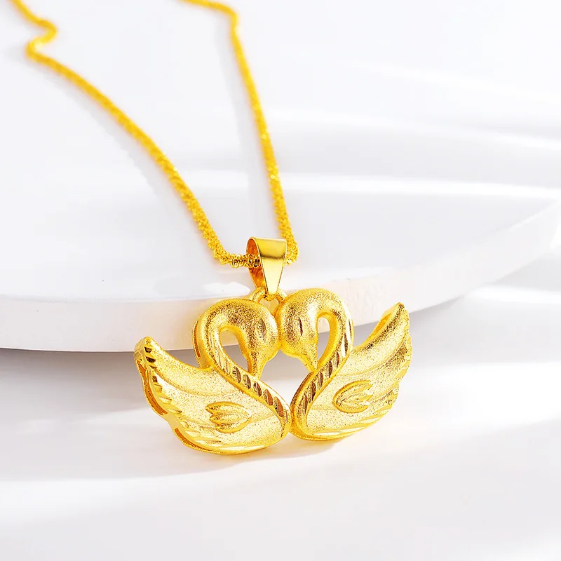 

New 9999 gold necklace for women's double swan pendant Japanese and Korean fashion luxury love collarbone chain jewelry24K