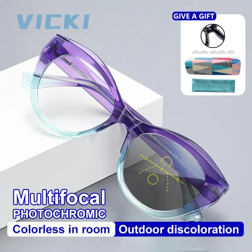 VICKI, elegantes gafas anti-luz azul con forma de ojo de gato para mujer, gafas multifocales progresivas, fotocromáticas graduadas personalizables