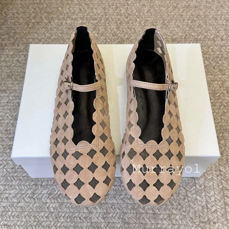 Flats Mary Janes Women Shallow Mouth Cow Suede Hollow Out Breathable Grandma Shoes Spring Summer Buckle Design Lazy Loafers
