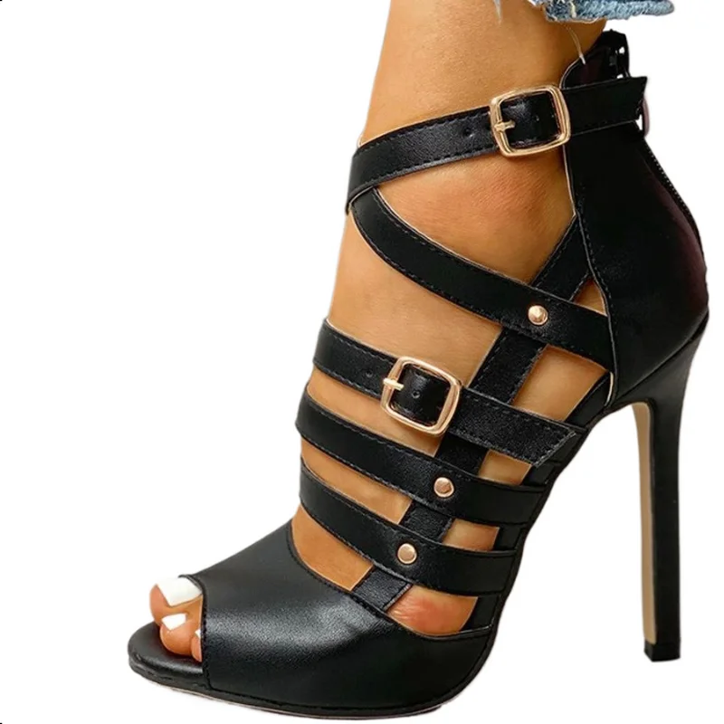 Sandali con tacco alto CA 10 cm, scarpe estive con rivetti scavati, punta aperta, cerniera posteriore, fibbia alla caviglia, cinturino incrociato, nero, marrone, Dropship