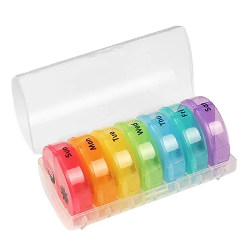 

Drug Container 7-Day Splitter Pill Organizer AM/PM Compartments 14-Grid Rainbow Pill Box Week Mark Dust-proof Daily Pill Box
