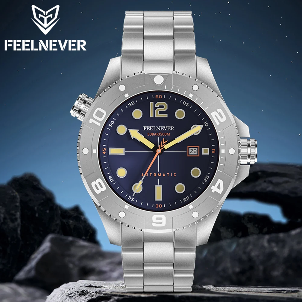 

FeelNever Profession Dive Sport Mechanical Watches 316L Stainless Steel Sapphire Crystal 50Bar Auto Date Wristwatch reloj hombre