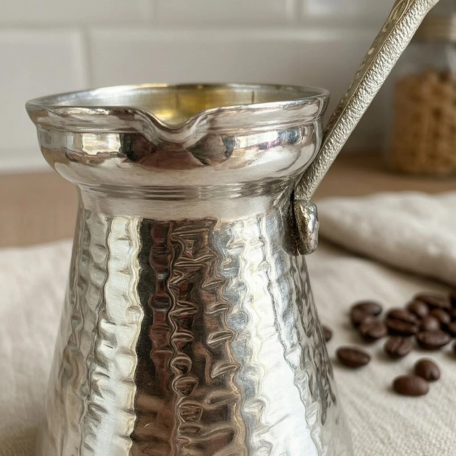 Turkish Coffee Pot Perforated Handle Metal Turkish Coffee Pot Briki Flared Rim Cookware Tapered Body view 6