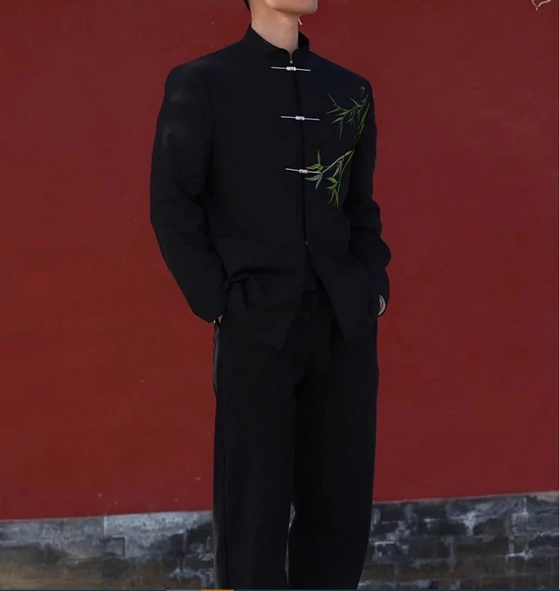 Zhongshan suit, bamboo-green aircraft button, stand collar, men's suit jacket, high-end suit, Tang suit, fashionable