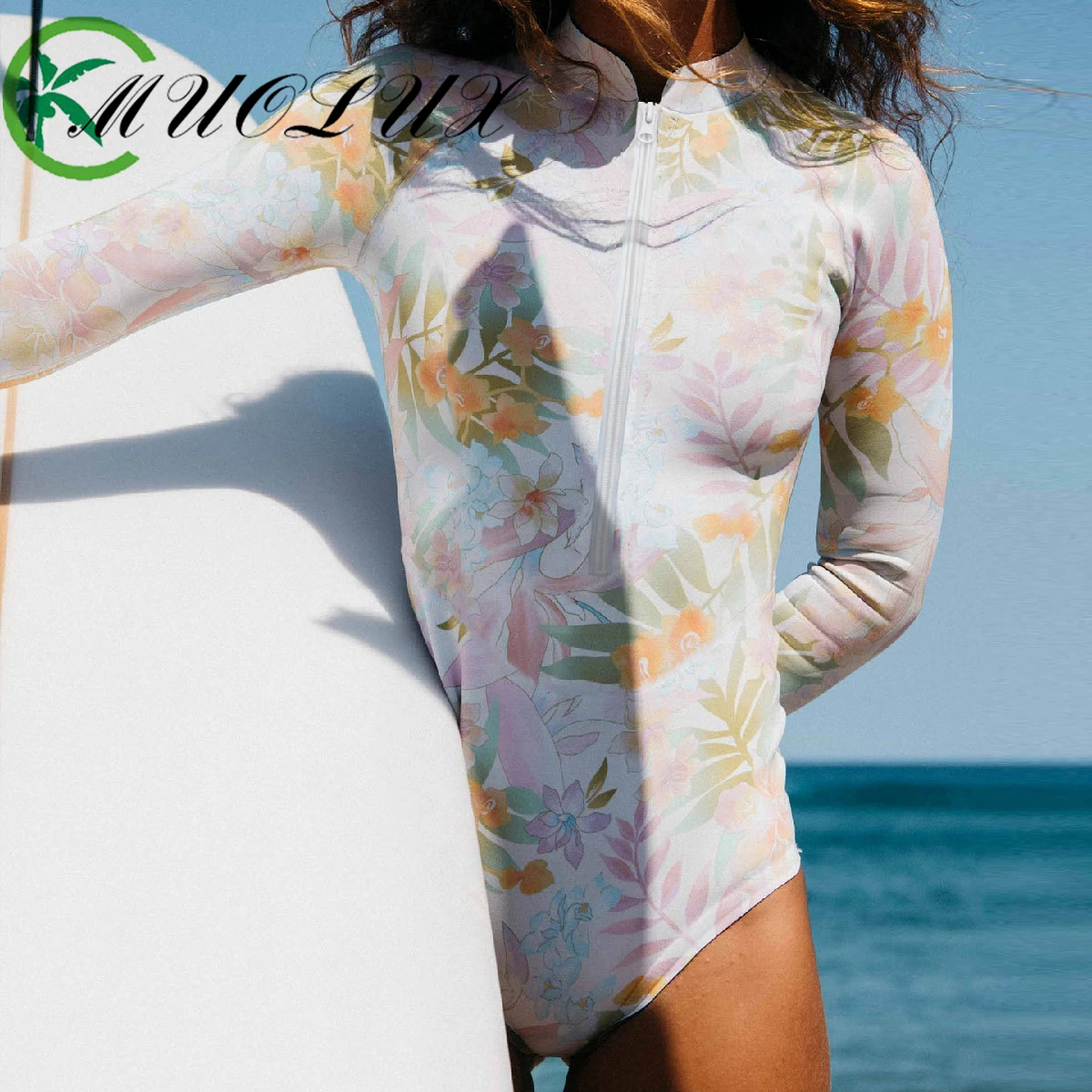 

MUOLUX 2024 New One Piece Swimsuit Long Sleeve Zipper Swimwear Women Print Swimsuit Vintage Beachwear Surfing Bathing Suit