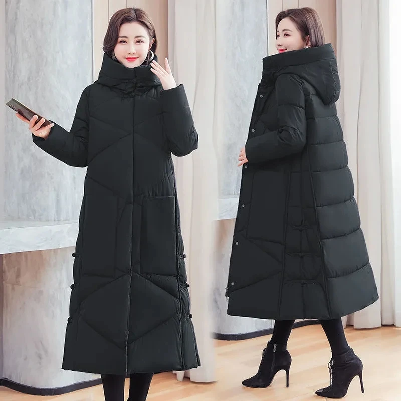 Vintage Thicken Down cotton Jacket Women Wear 2023 Winter New National style Loose Long Coat Female Warm Hooded Parkas Overcoat