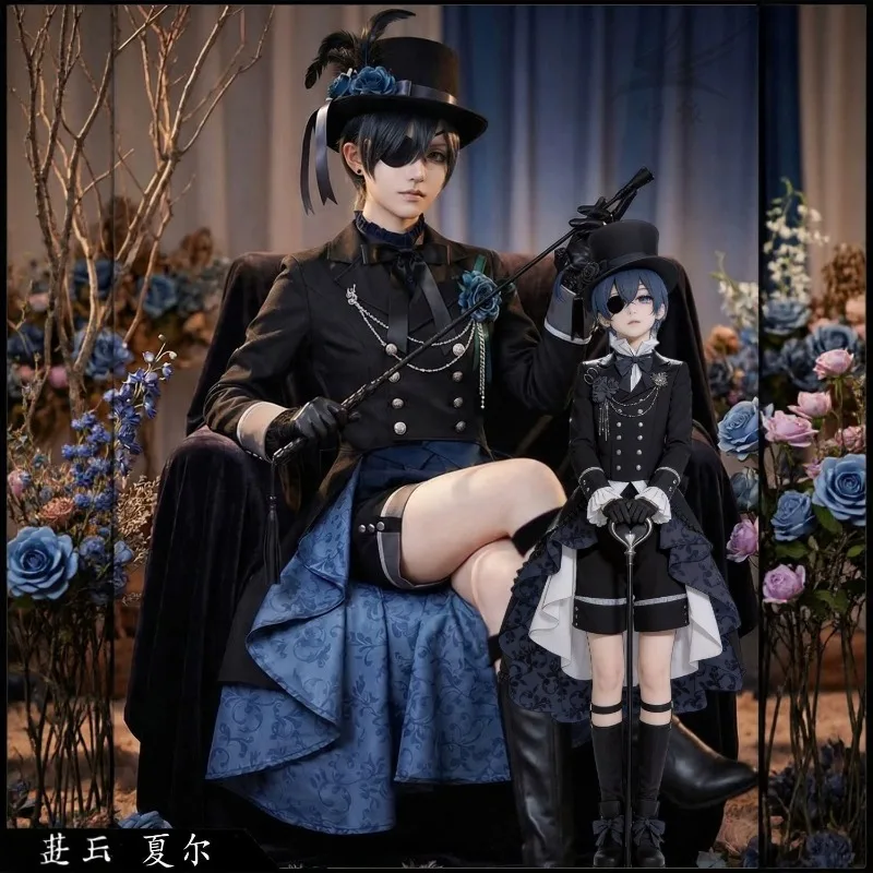 

Black Butler Ciel Phantomhive Cosplay Costume Black Rose Gothic Nobleman Tailcoat Cravat Full Set for Halloween Party