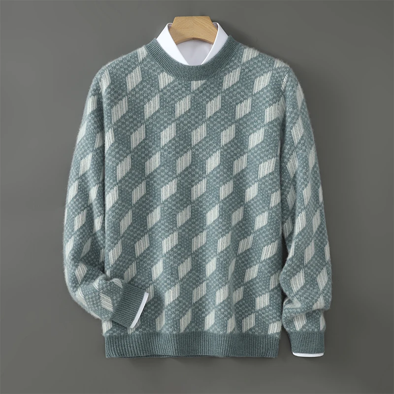 100% Pure Wool Men's Round Neck Thick Color Matching Sweater Loose Casual Knit Bottoming Shirt Pullover Cashmere Sweater