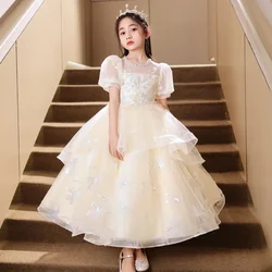 High-end Flower Girls Dresses Elegant Puff Sleeve Children Kids Gauze Vestidos Princess Sequins Wedding Christmas Party Dress