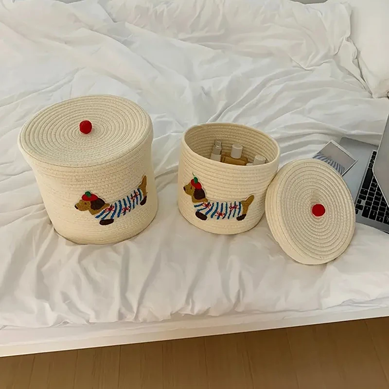 With Lid Dustproof Storage Bucket Desktop Dustproof Cute Puppy Storage Basket Woven Cotton Rope Frame Large Capacity