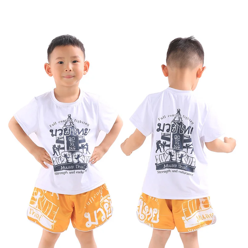 Children Sanda Uniform Mma Shorts Fight Wushu Sanda Suit for Kids Thai Shirt Training Competition Muay Thai Boxing Shorts Trunks