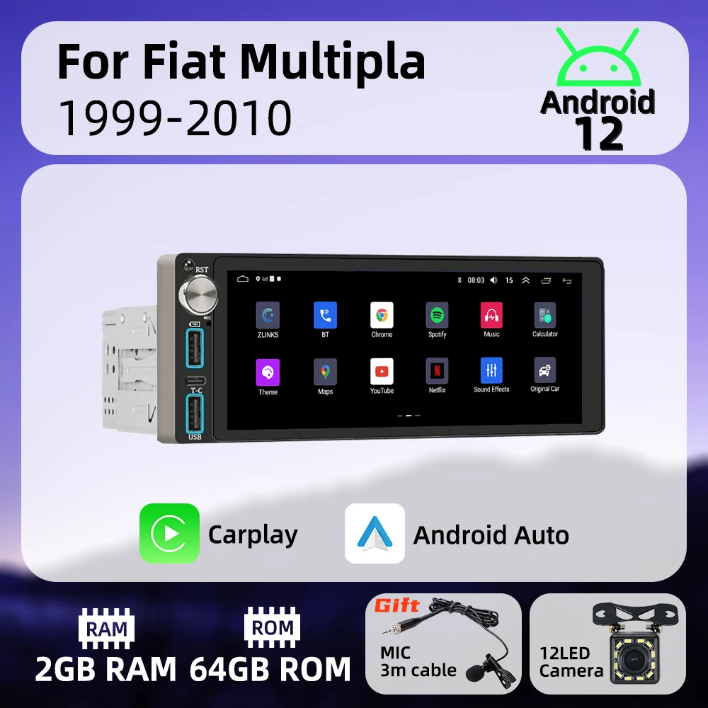 

6.86" Screen Carplay 1 Din Radio Android Car Multimedia for Fiat Multipla 1999-2010 Stereo Head Unit GPS Navigation Autoradio
