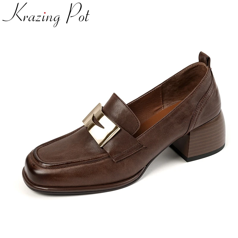 

Krazing Pot 2023 Cow Leather Thick Heels Retro Spring Shoes Slip on Concise Loafers Brand Mature Elegant Office Lady Women Pumps