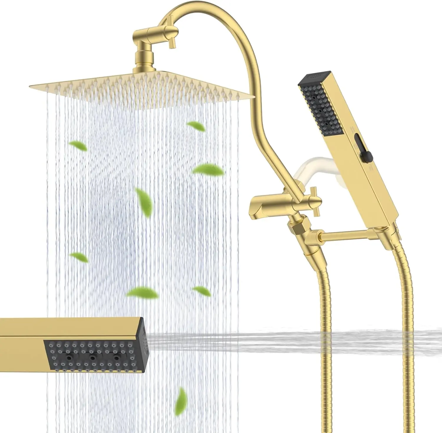 All Metal cUPC Certified Rainfall Shower Head Combo with Handheld Wand, 12'' Arm, 4-Spray Modes, Brushed Gold