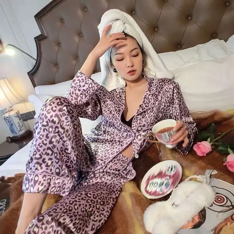 Women 100% Mulberry Silk Leopard Print Pajama Set Lapel Long Sleeve Wide Leg Pants Sexy Elegant Loungewear Two Piece Nightwear