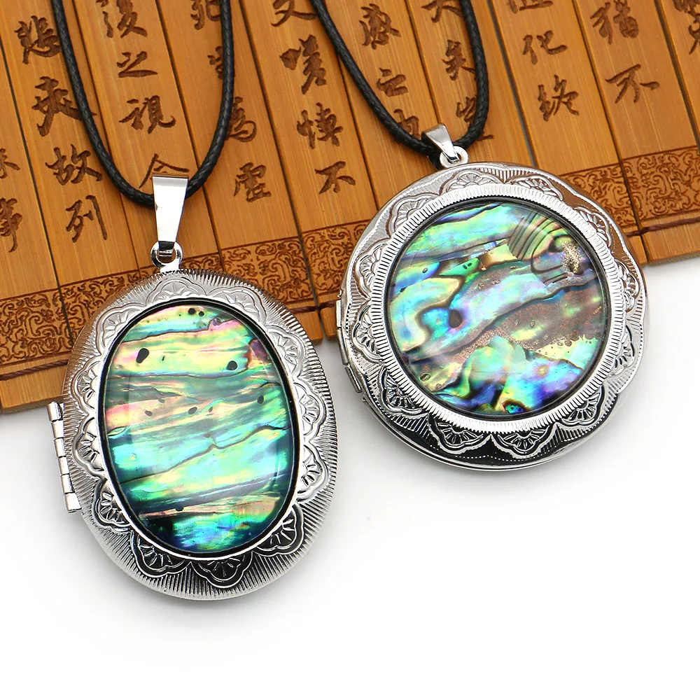 

Creative Natural Abalone Shell Pendents With Black Leather Rope Chain Necklace Jewelry For Fashionable Picture Frame Gifts 1 Pc