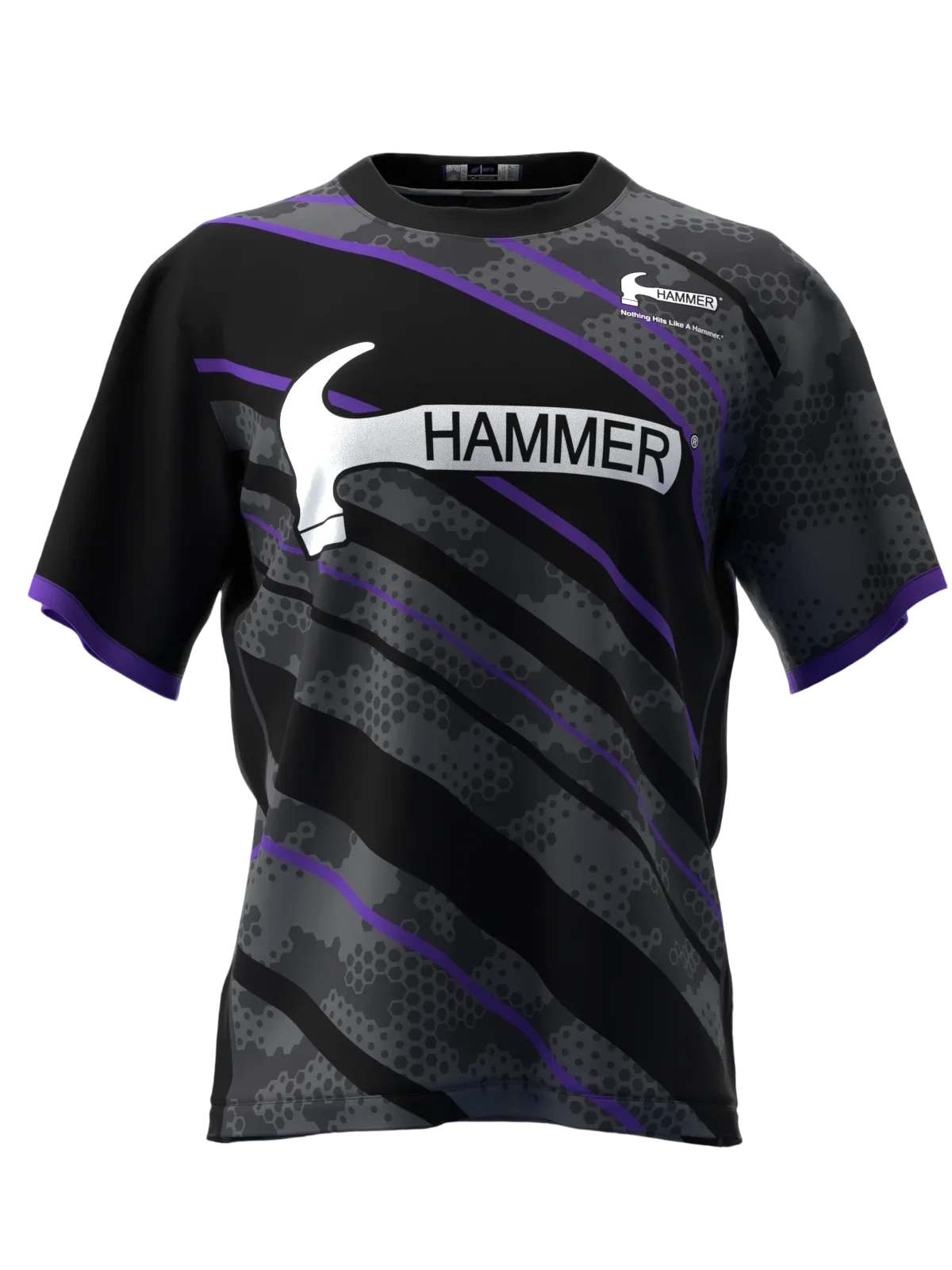 Stylish Purple Stripe Camo Graphic Bowling Tee, Soft Flexible Sport Apparel for Urban Casual Wear & Hobby Enthusiast Meetups