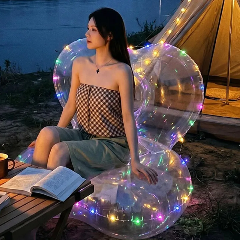 Heart Shaped Flocked Inflatable Lazy Sofa Single Person Folding Air Sofa Chair Portable Inflatable Lounger for Bedroom Living Ro