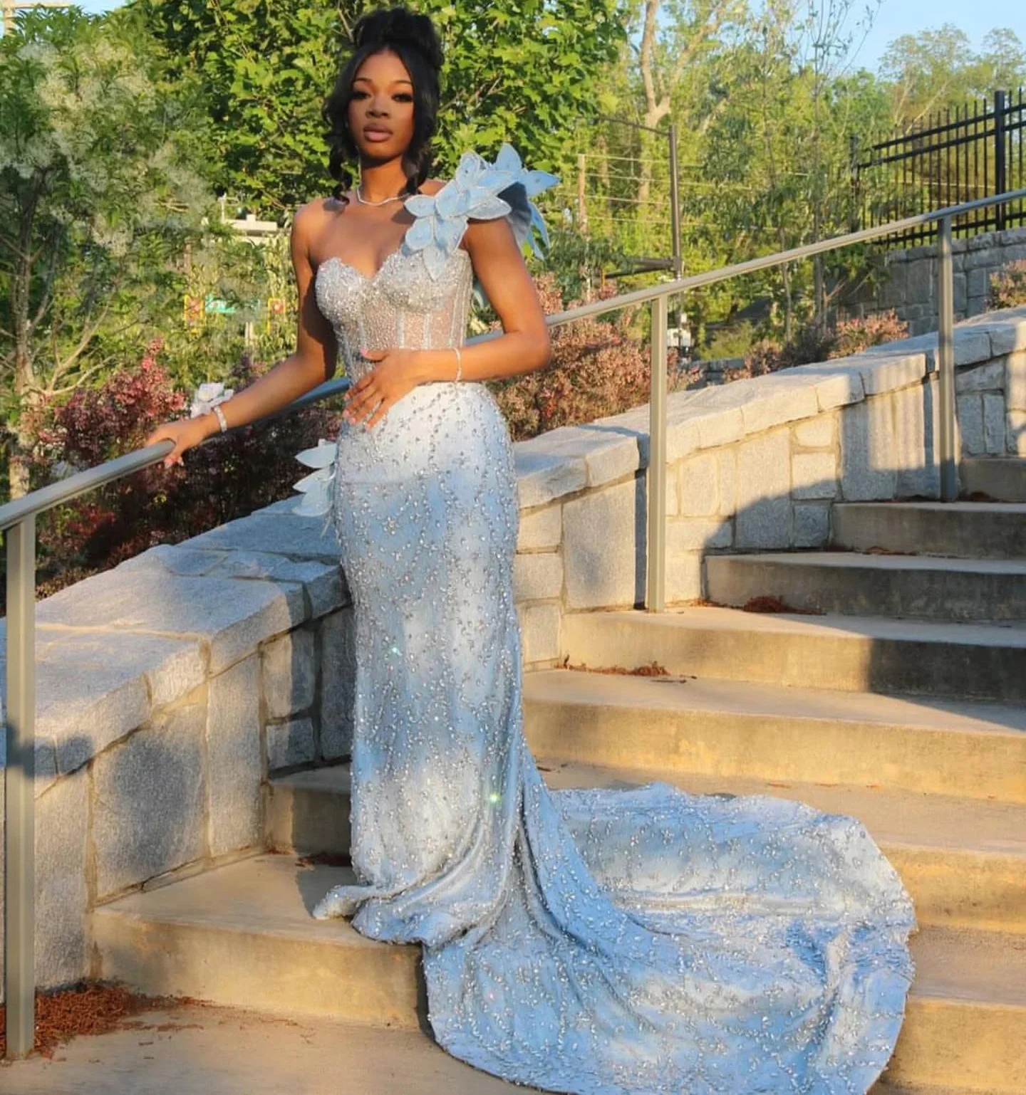 Couture Blue Full Beads Crystal Formal Evening Party Gowns Black Girls One Shoulder Heavily Handmade Prom Dresses Long Vestidos