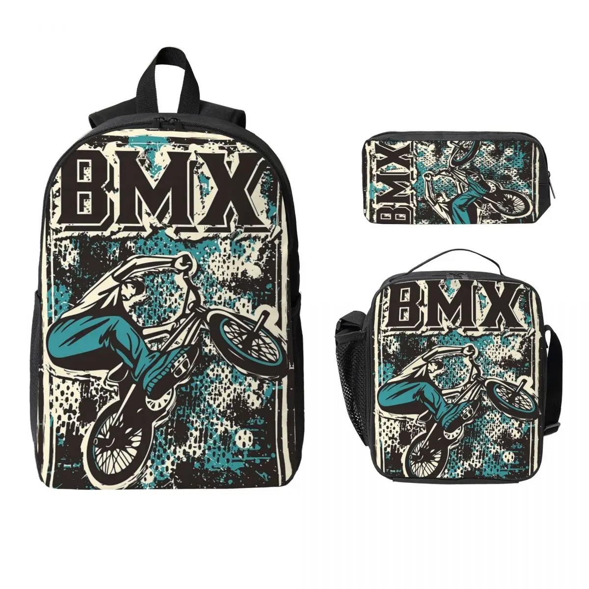 Retro Bmx Apparel Grunge Bmx Bike Backpack Student Boy Girl BookBag School Bag Shoulder Bags 3ps Insulated Lunch Bag Pencil Case