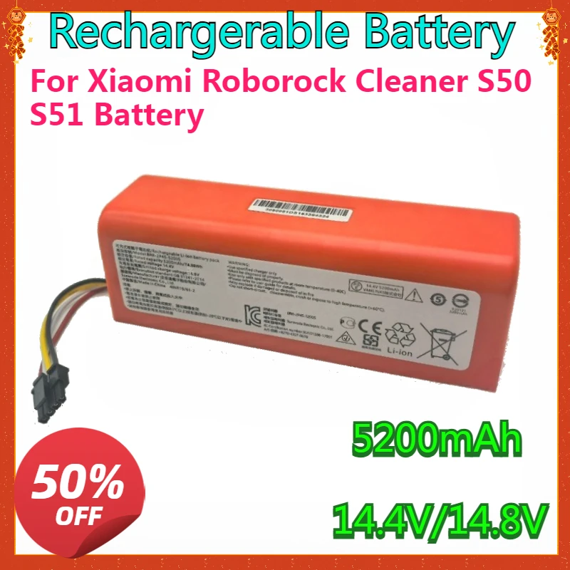 

New High Quality and Large Capacity for Xiaomi Roborock Cleaner S50 S51 New 14.8V 5200mAh BRR-2P4S-5200S Battery Rechargerable