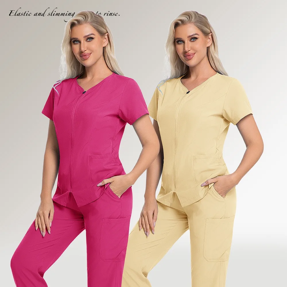 2026-new-style-clinical-uniform-woman-v-neck-dental-scrubs-woman-summer-short-sleeves-with-pockets-surgical-uniforms-scrub-top