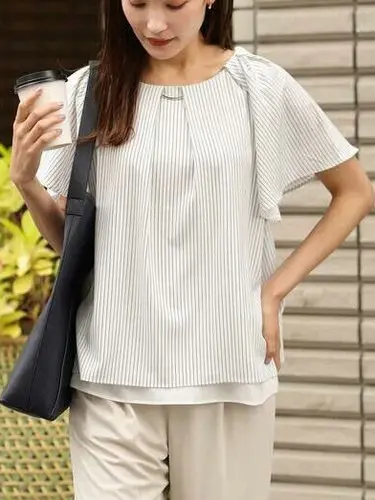 

Elegant round Neck Short Sleeve Shirt Spring Summer New Style Back Neck One Button Inner Lace Trim Polyester Fiber Women's Shirt