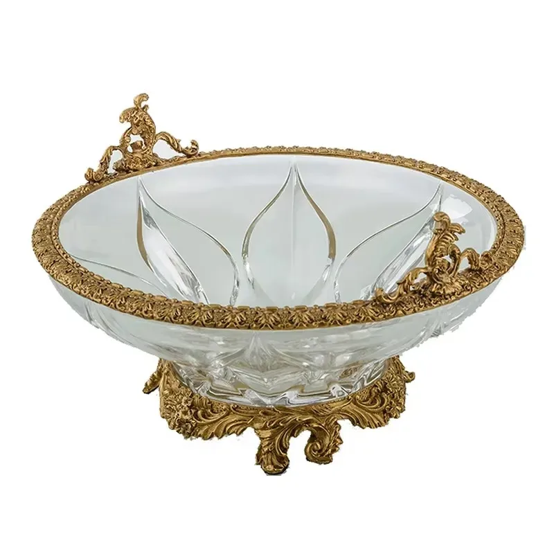Luxury Brass Crystal Large Fruit Plate Home Hotel Table Decoration Accessories New Design