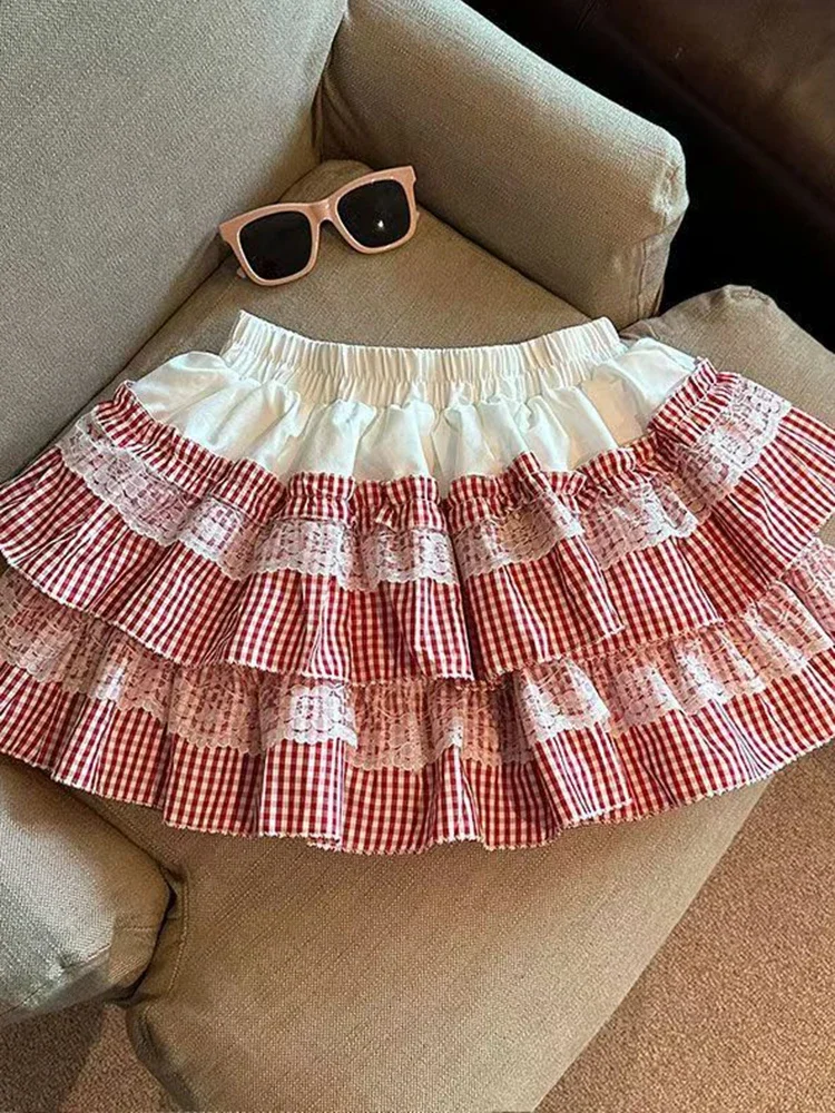 Falda a cuadros de encaje dulce coreano para mujer, minifaldas Vintage bonitas de cintura alta, falda informal de estilo pijo de retazos Y2k para mujer Kawaii