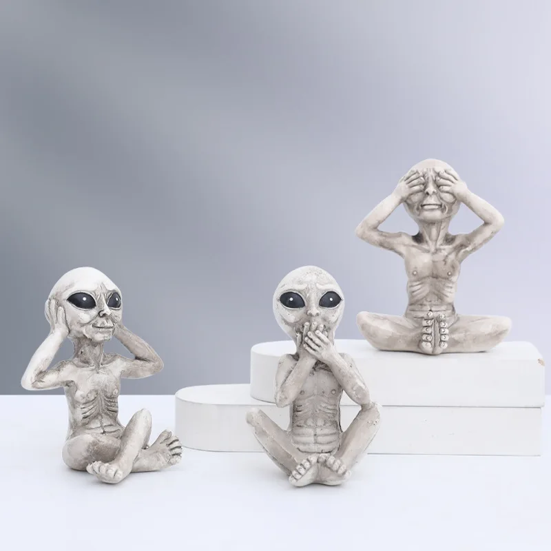 2/3X Space Alien Statue Set UFO Desktop Sculpture See Hear Speak No Evil Zen Figurine Resin Craft Garden Decor Green White Color
