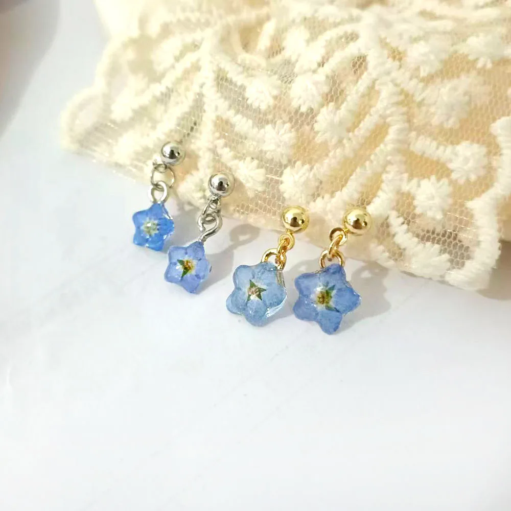 Tiny Blue Forget Me Not Flower Earrings Simple Dried Floral Earring Jewelry Gifts for Mom, Friends