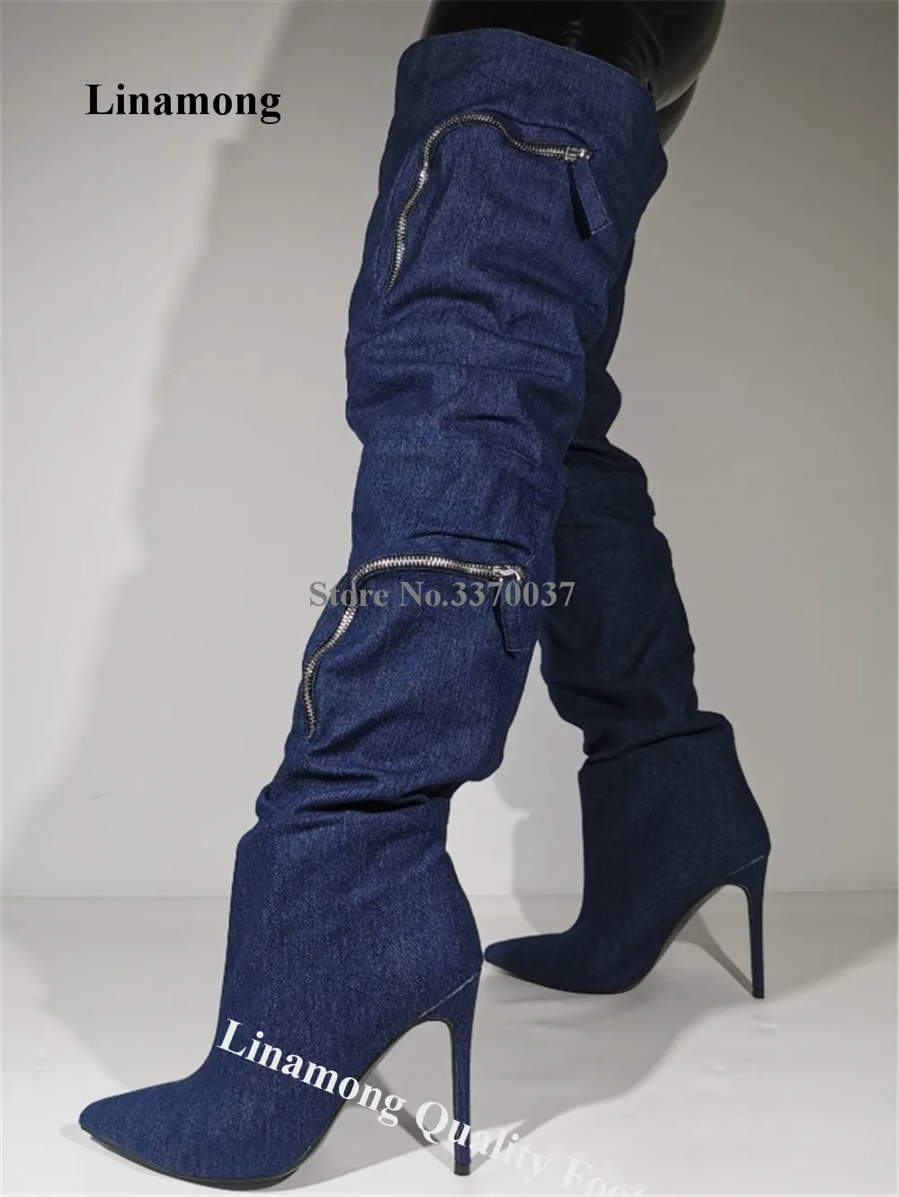 Linamong Fashion Pockets Decorated Stiletto Heel Over Knee Boots Sexy Pointed Toe Blue Denim Zippers Thin Heel Thigh Long Boots
